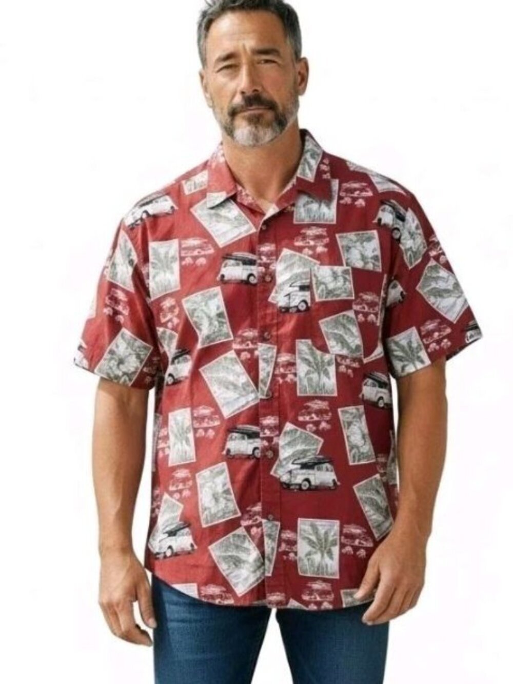 Vintage Hawaiian Cotton Camp Shirt Wagon Car Surf Beach Red Floral Cruise Men XL
